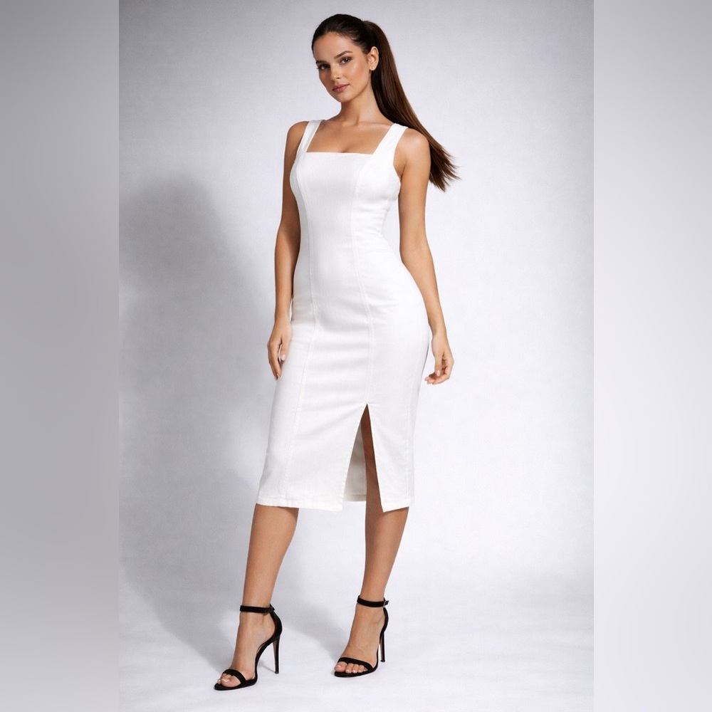 NWT J.Crew Reimagined White Stretch Denim Fitted Midi Dress Slit $175